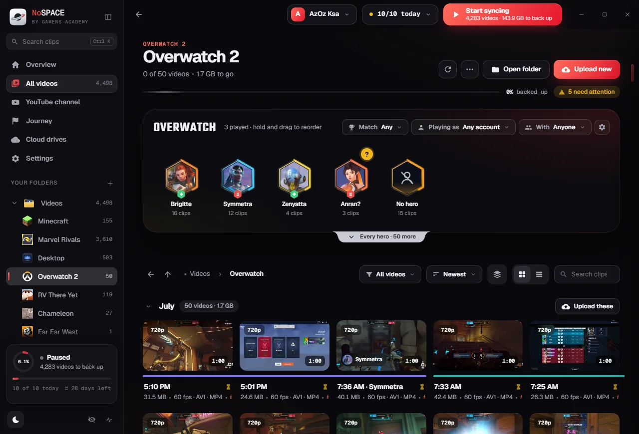 The Overwatch 2 folder in NoSPACE: hero portraits for Brigitte, Symmetra and Zenyatta, then clip thumbnails grouped by day.